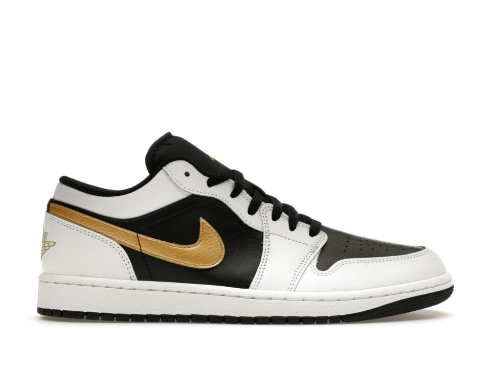 Jordan 1 Low White Black Metallic Gold Swoosh Leather Trainers Sneakers - 553558-172