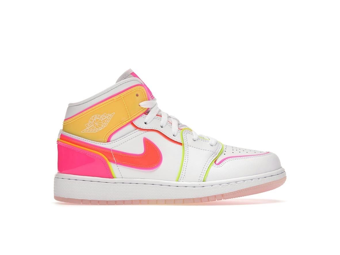 Air Jordan 1 Mid Edge Glow (GS) White/Hyper Crimson/Pink Blast Sneaker Style CV4611-100